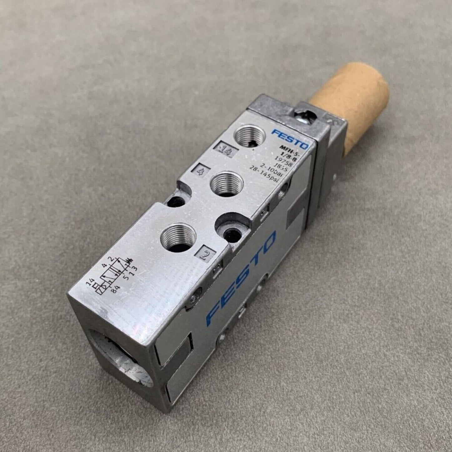 FESTO MFH-5-1/8-B solenoid valve, industrial automation part, silver metal construction, with product information.