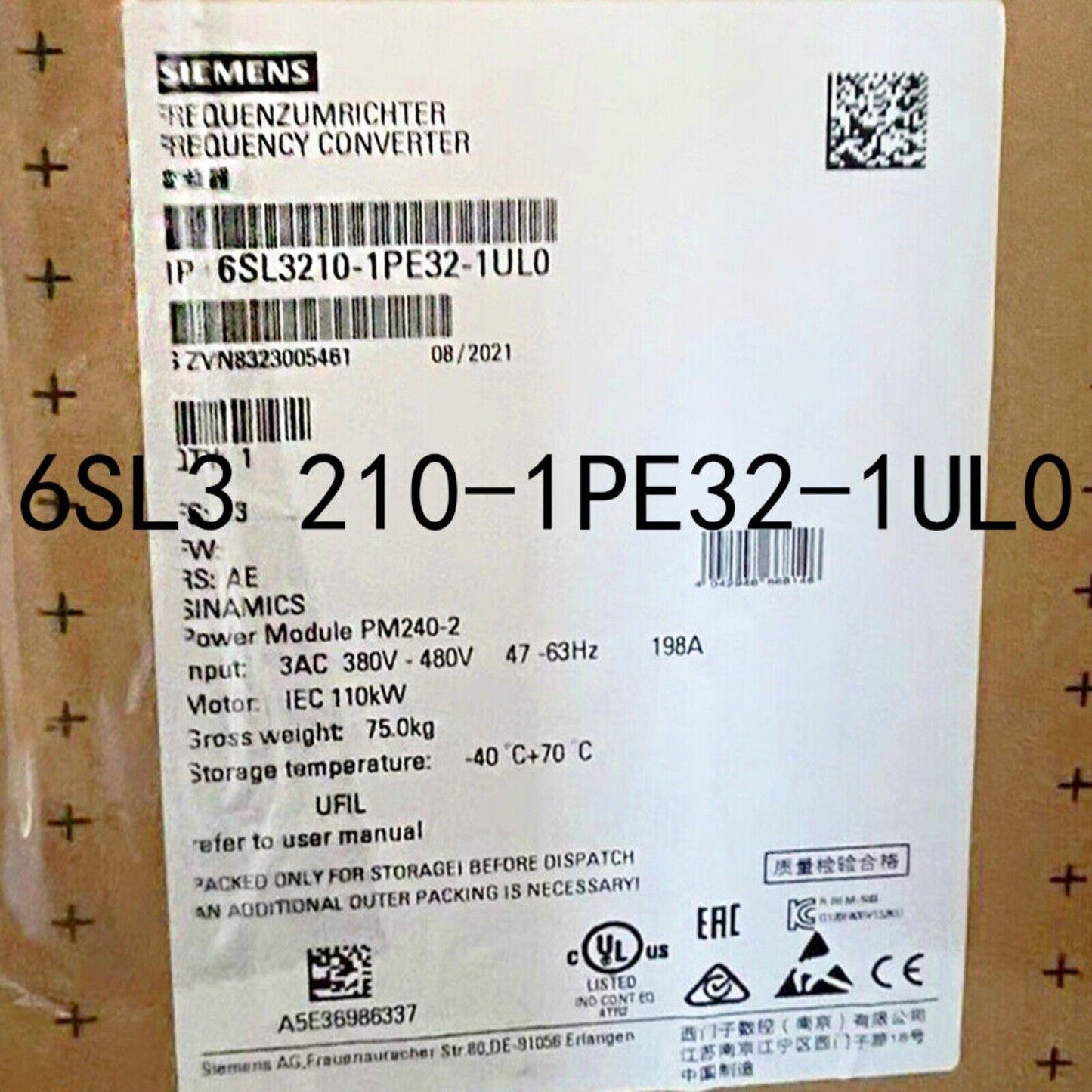 Siemens SINAMICS G120 Power Module 6SL3210-1PE32-1UL0, industrial automation part, with product details, white background