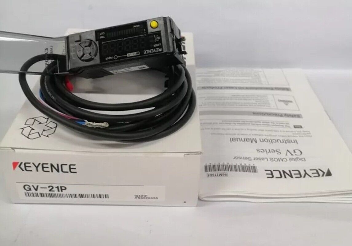 KEYENCE GV-21P Laser Sensor, industrial automation sensor with Instruction Manual and packaging.