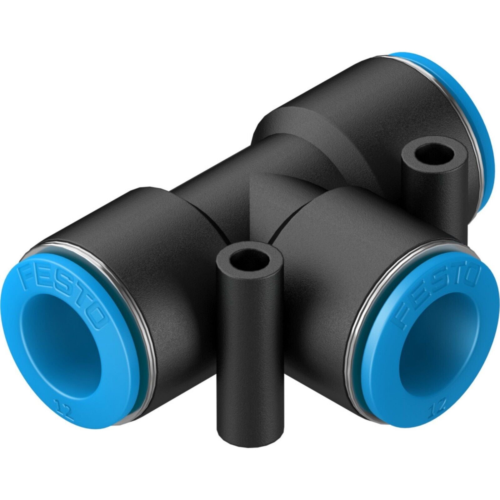 Festo QST-12 Push-In T-Connector for industrial automation, featuring blue accents and black body.