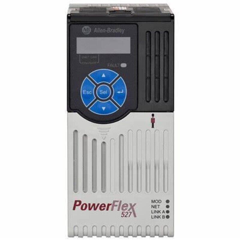 Allen-Bradley PowerFlex 527 AC Drive. Features include control panel, fault indicator, and various connection ports.
