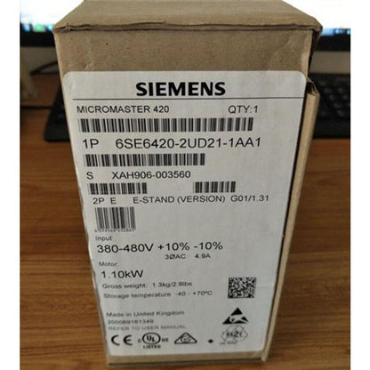Siemens MICROMASTER 420 drive, 6SE6420-2UD21-1AA1, industrial automation part in its original packaging, 1.10kW motor.