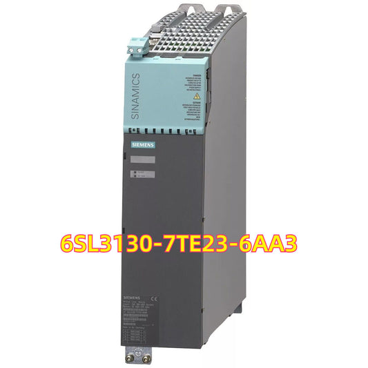 Siemens SINAMICS S120 6SL3130-7TE23-6AA3 Active Line Module, gray and blue industrial equipment with safety warnings.