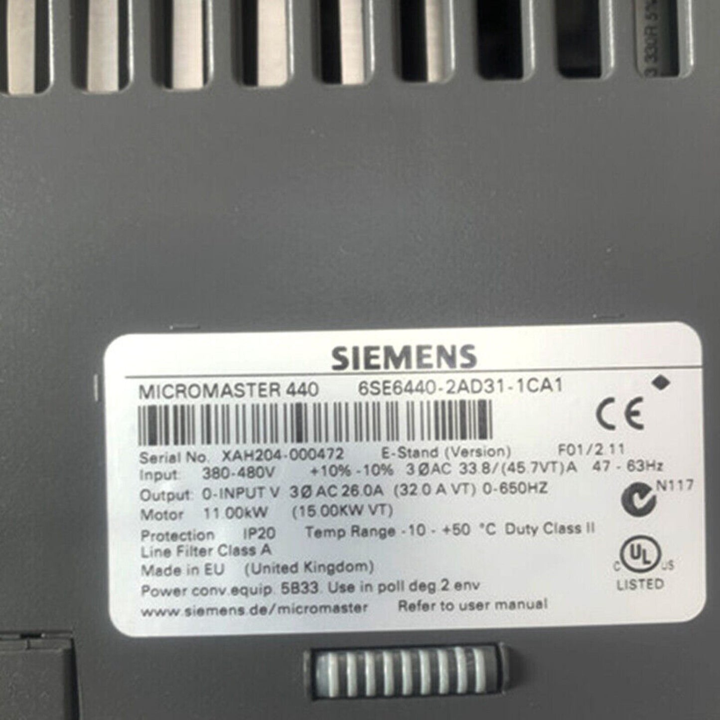 Siemens MICROMASTER 440 6SE6440-2AD31-1CA1 drive, industrial automation part with specifications label, IP20 protection.