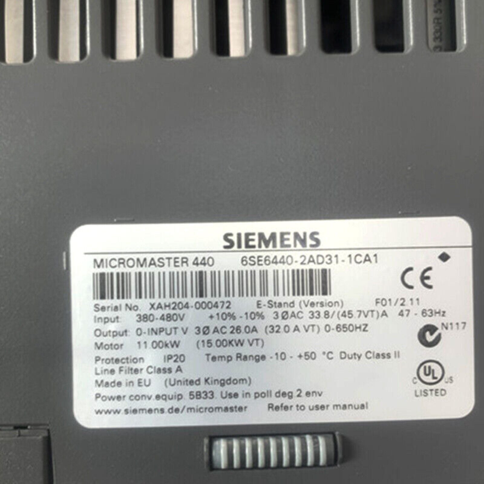 Siemens MICROMASTER 440 6SE6440-2AD31-1CA1 drive, industrial automation part with specifications label, IP20 protection.