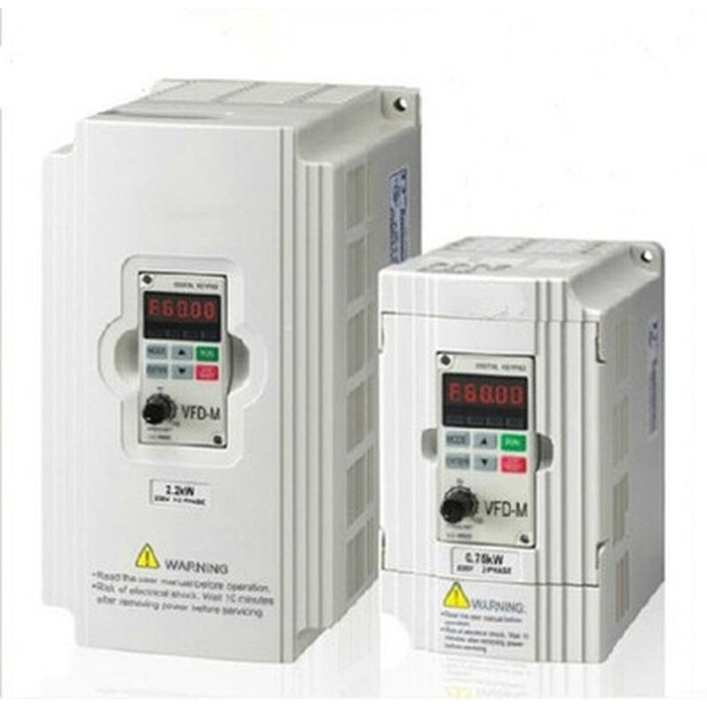 Yaskawa CIMR-VU4A0031FAA Inverter. White VFD-M units with digital displays and control panels, displaying error code.