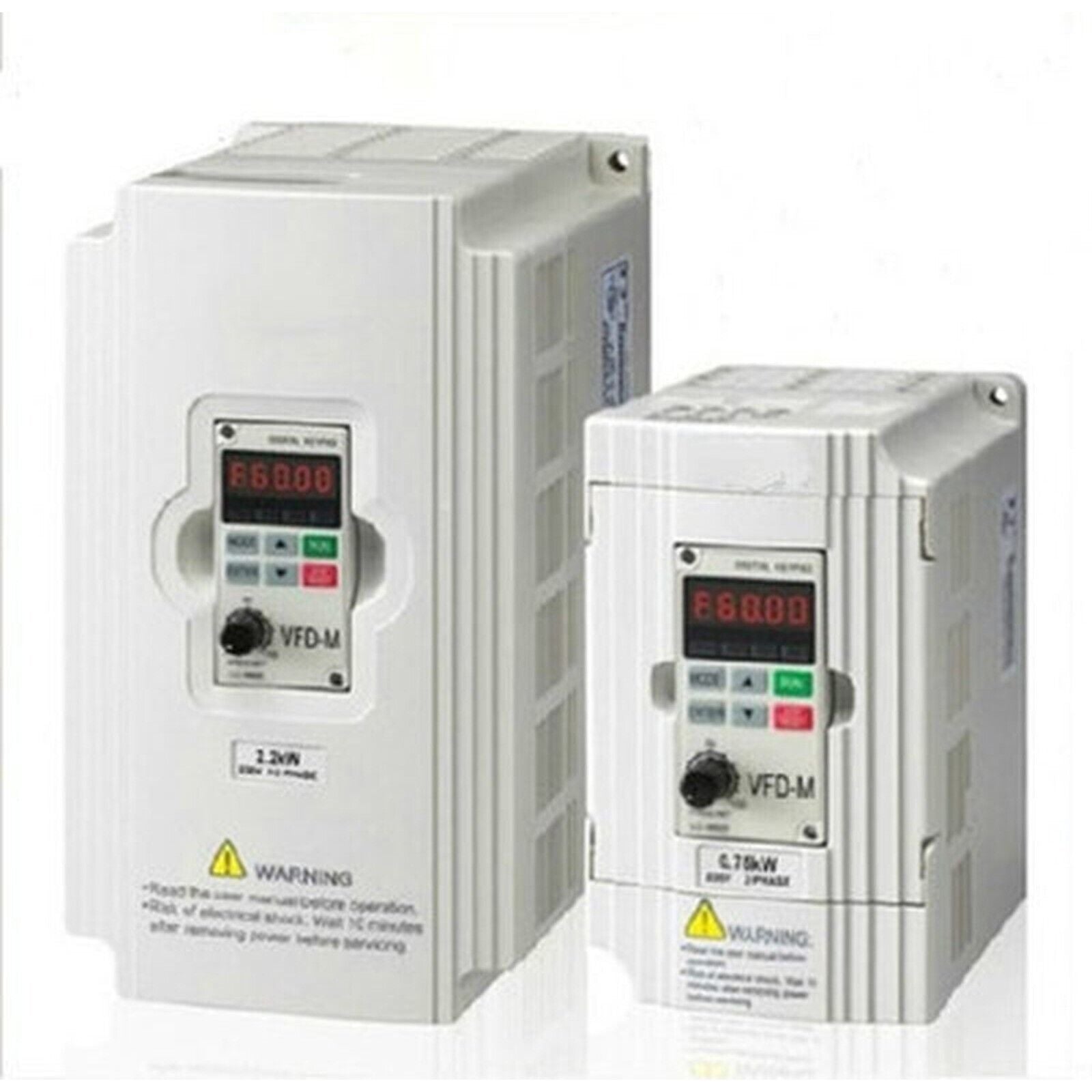 Yaskawa CIMR-VU4A0031FAA Inverter. White VFD-M units with digital displays and control panels, displaying error code.