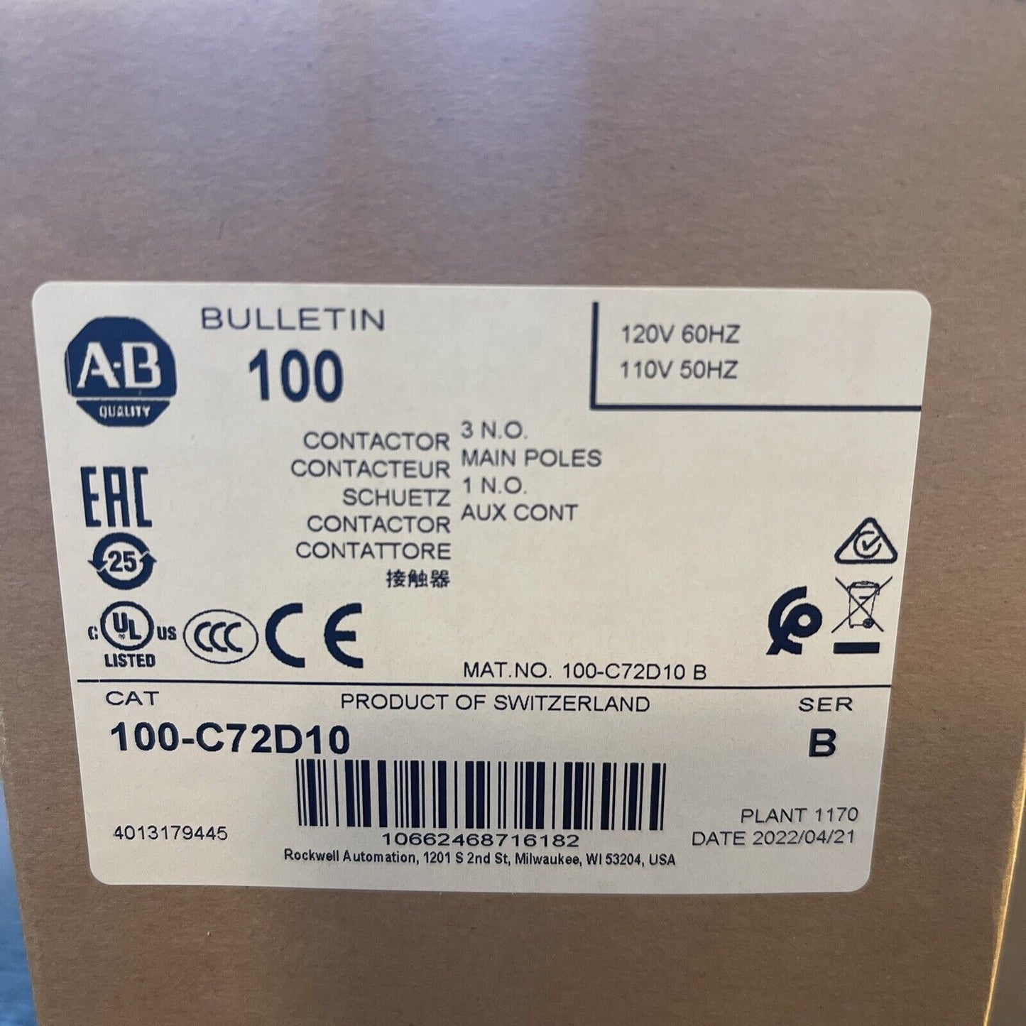 100-C72D10 ALLEN BRADLEY. CONTACTOR 120V