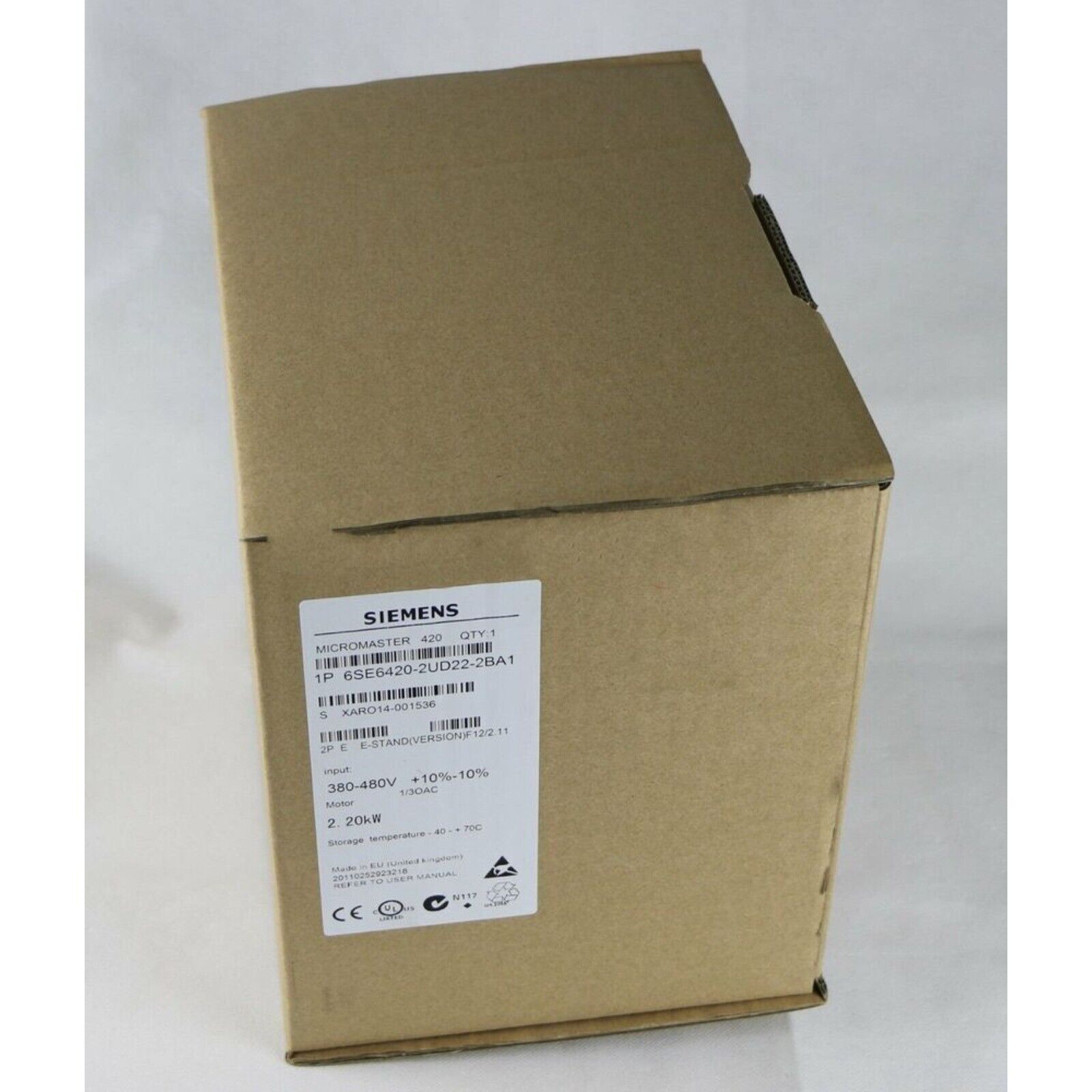 Siemens MICROMASTER 420 VFD in packaging, 6SE6420-2UD22-2BA1 model for industrial motor control, 2.2kW.
