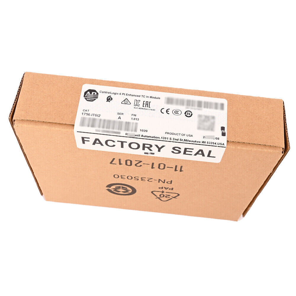 Allen-Bradley ControlLogix 1756-IT6I2 module box, factory sealed, brown cardboard packaging. Product of USA.