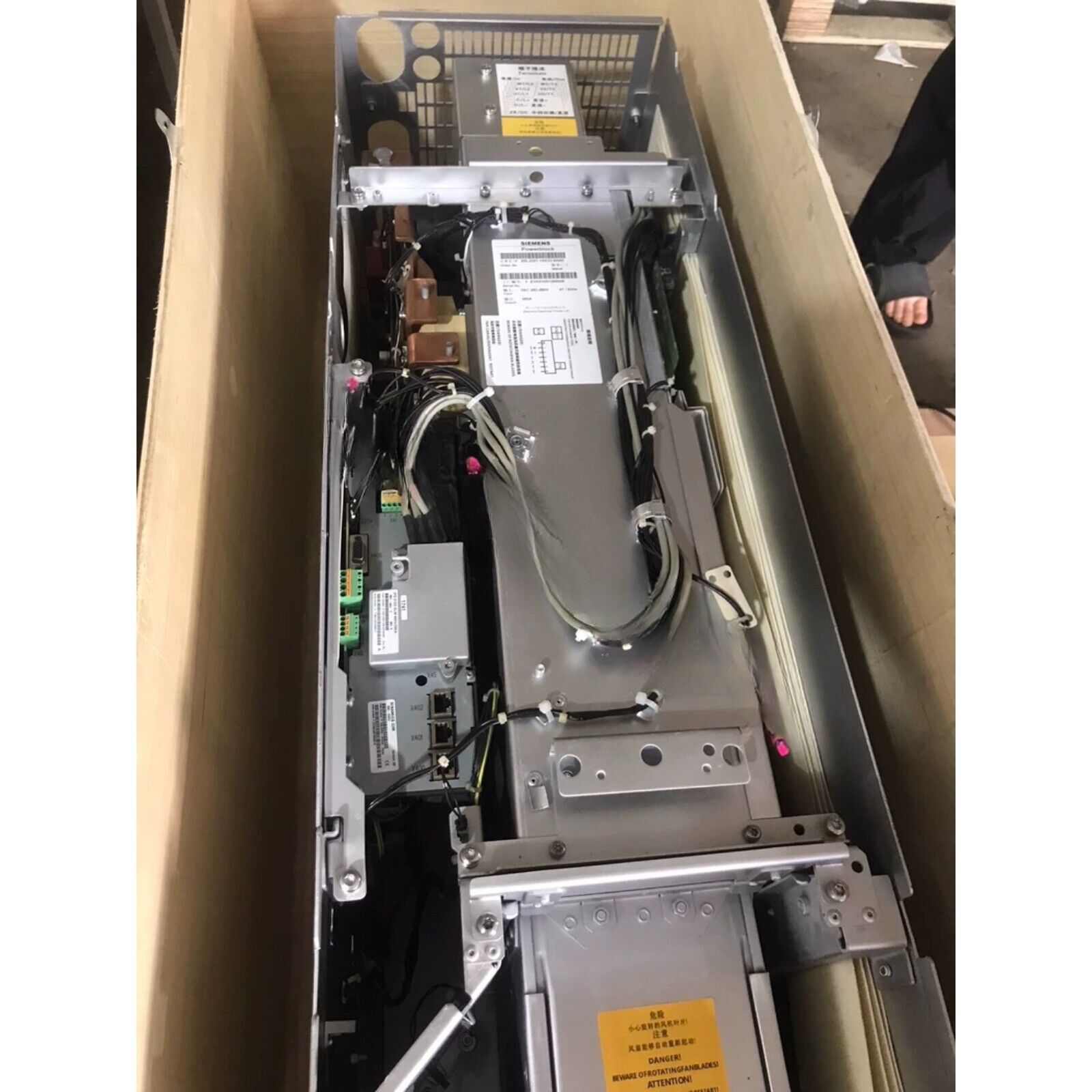 Siemens PLC replacement power block with internal wiring and labels, in wooden packaging, for industrial automation.