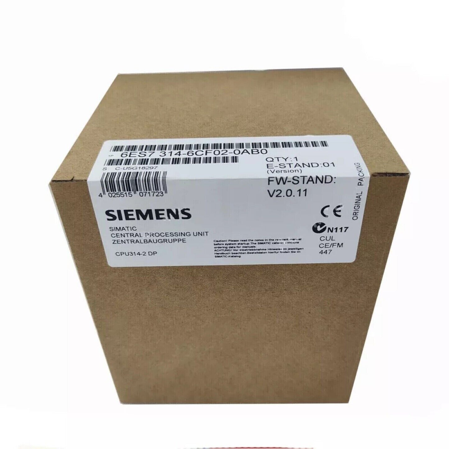 Siemens SIMATIC S7-300 CPU 314C-2DP in original packaging. Model 6ES7 314-6CF02-0AB0. Industrial automation part.