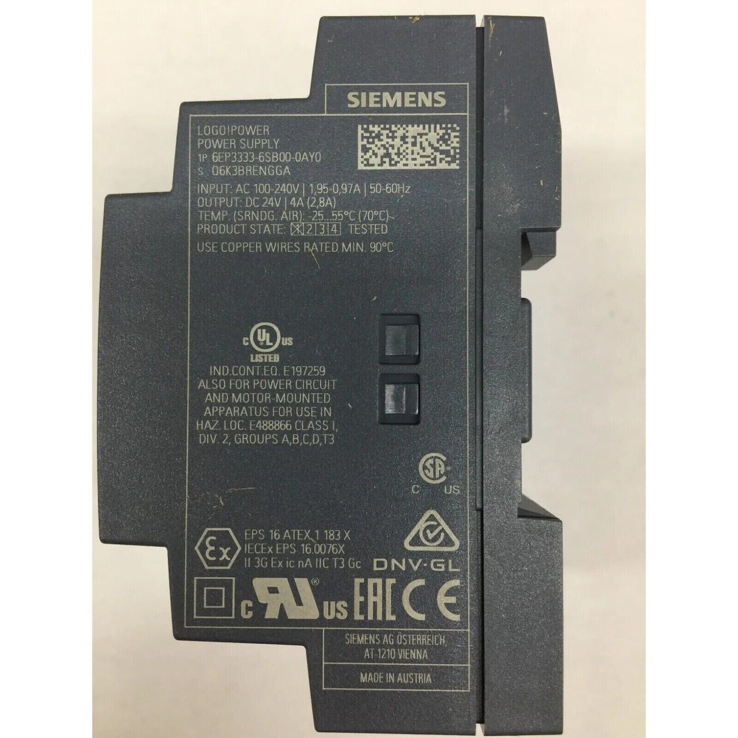 Siemens LOGO! Power Supply 6EP3333-6SB00-0AY0, 24V/4A, Industrial Automation Component