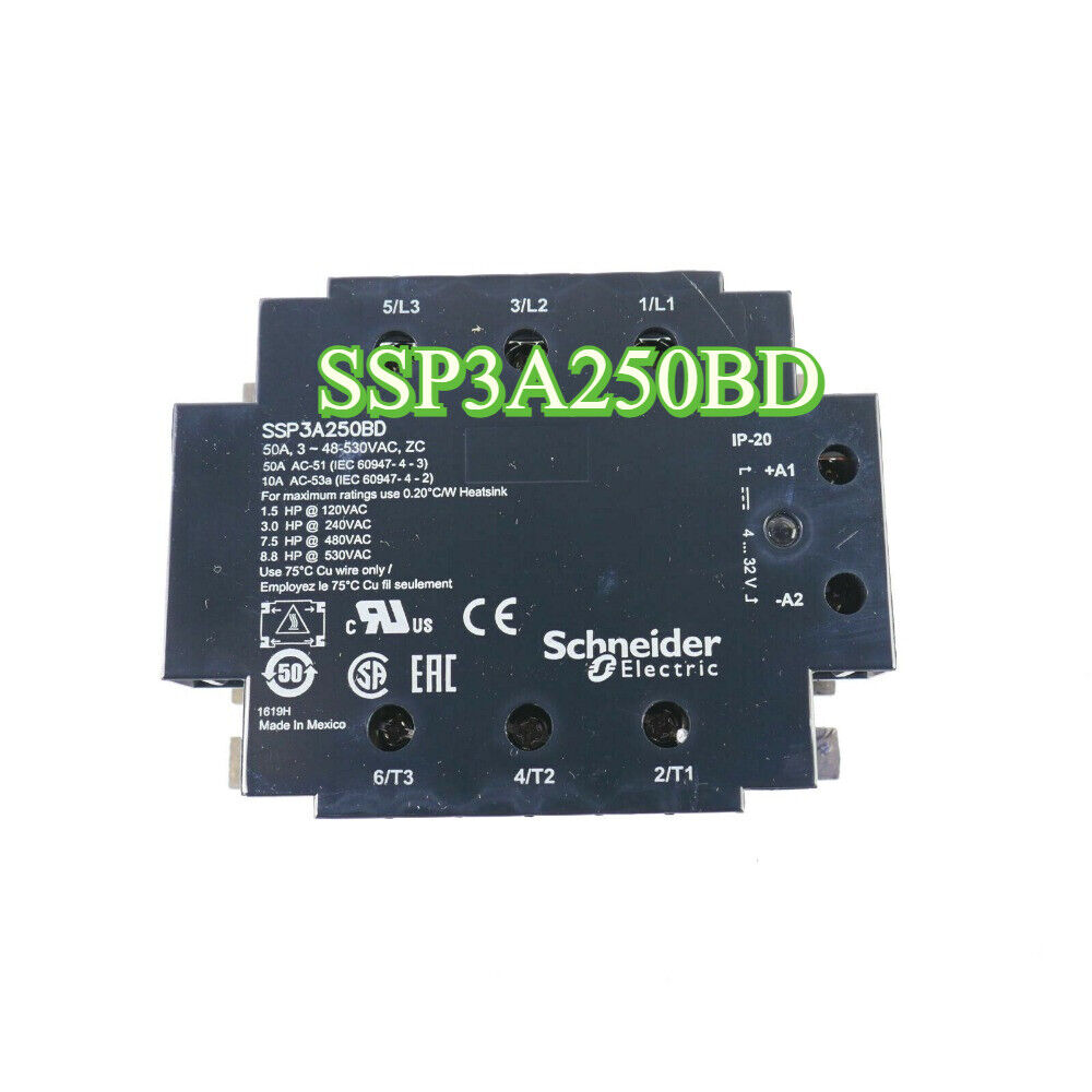 Schneider Electric SSP3A250BD 3-Phase SSR Solid State Relay, 50A, IP-20 rated, Made in Mexico.