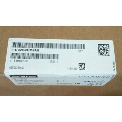 Siemens SINUMERIK 6FC5203-0AF00-0AA1 product packaging with barcodes and serial numbers, industrial automation parts.