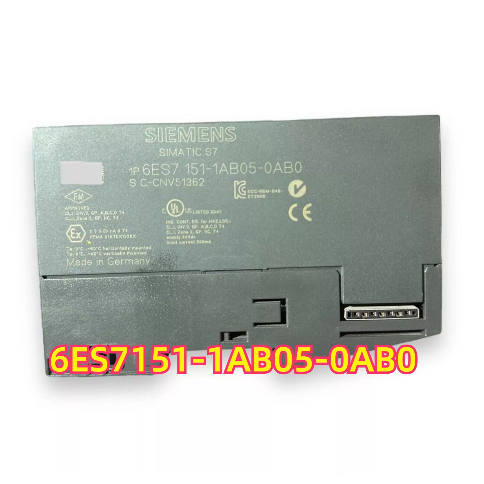 Siemens SIMATIC S7 PLC Module 6ES7151-1AB05-0AB0, industrial automation part with various certifications, Made in Germany