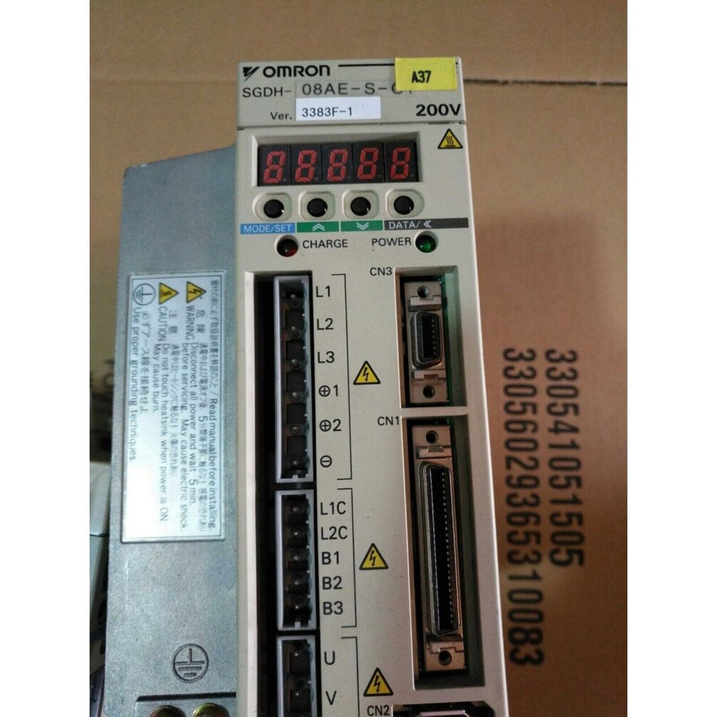 Omron SGDH-08AE-S-C servo drive, industrial automation component with LED display and connectors, 200V.