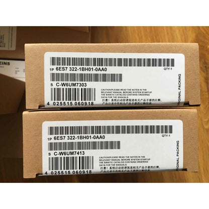 Two SIMATIC S7-300 6ES7 322-1BH01-0AA0 digital output modules packaging boxes with labels, industrial automation parts.