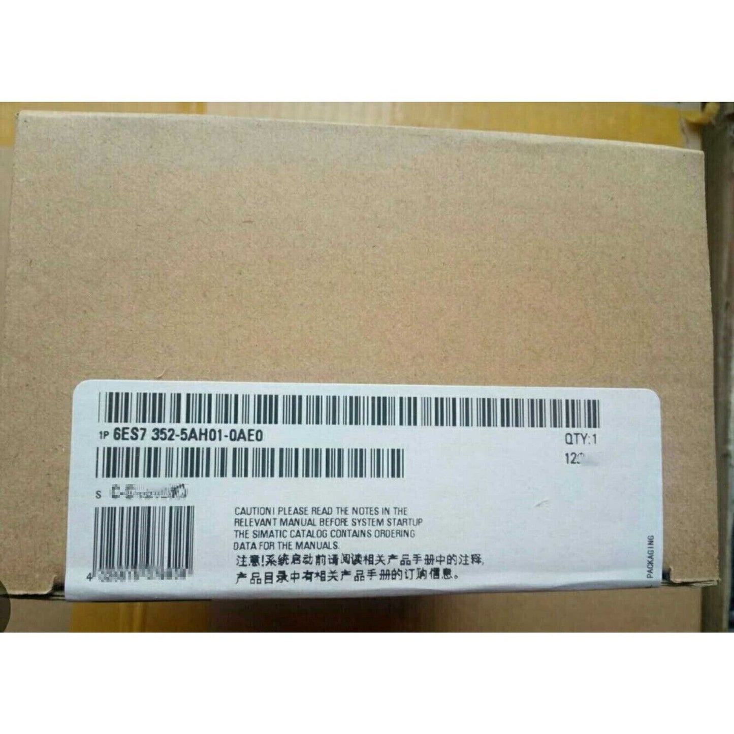 Siemens FM352-5 Boolean Processor PLC Module packaging label, including product code 6ES7352-5AH01-0AE0, and caution notes.