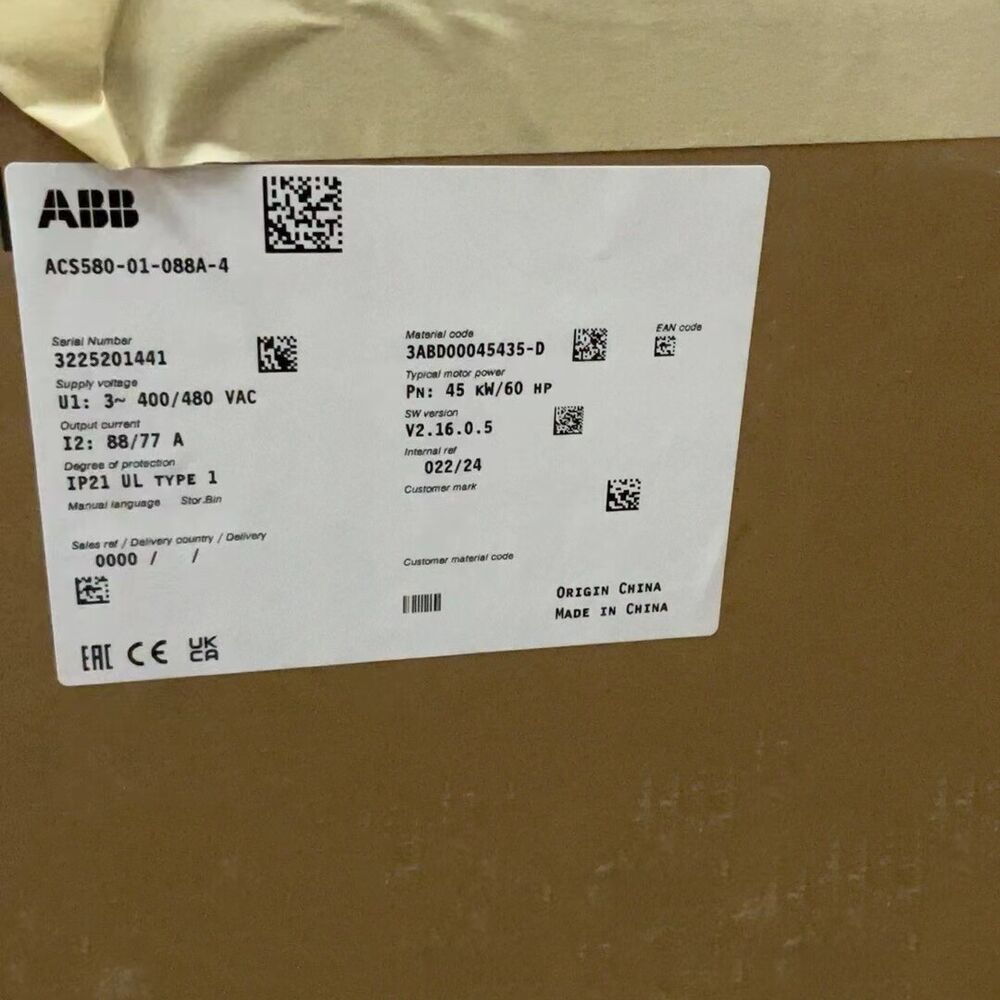 ABB ACS580-01-088A-4 frequency converter label with specifications: 45KW, IP21, Origin China