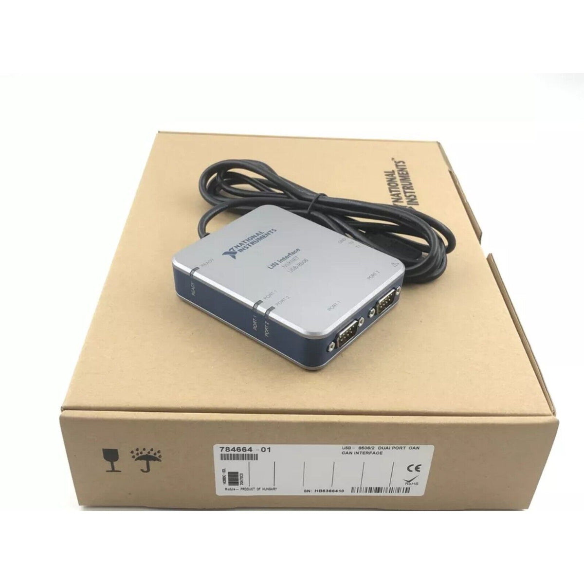National Instruments USB-8506/2 LIN Interface Device. Product on box with label. Industrial automation parts.