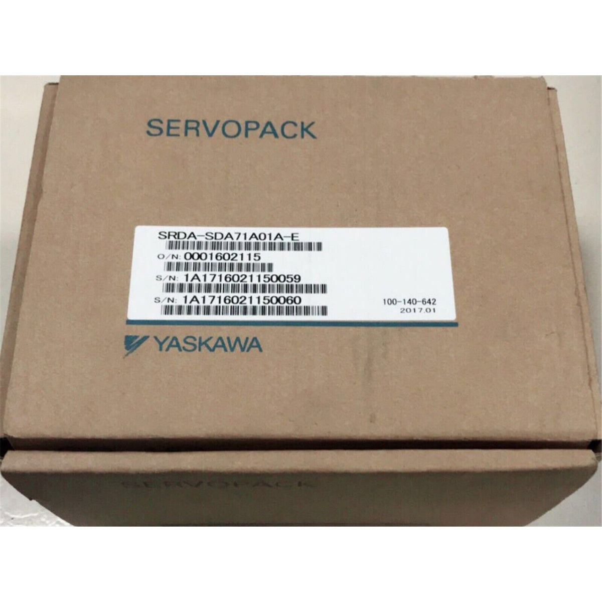 Yaskawa SRDA-SDA71A01A-E Servo Drive box, brown cardboard, product label, industrial automation part