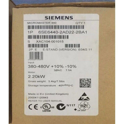 Siemens Micromaster 440 6SE6440-2AD22-2BA1 Line Module product label, 2.20kW motor, industrial automation part