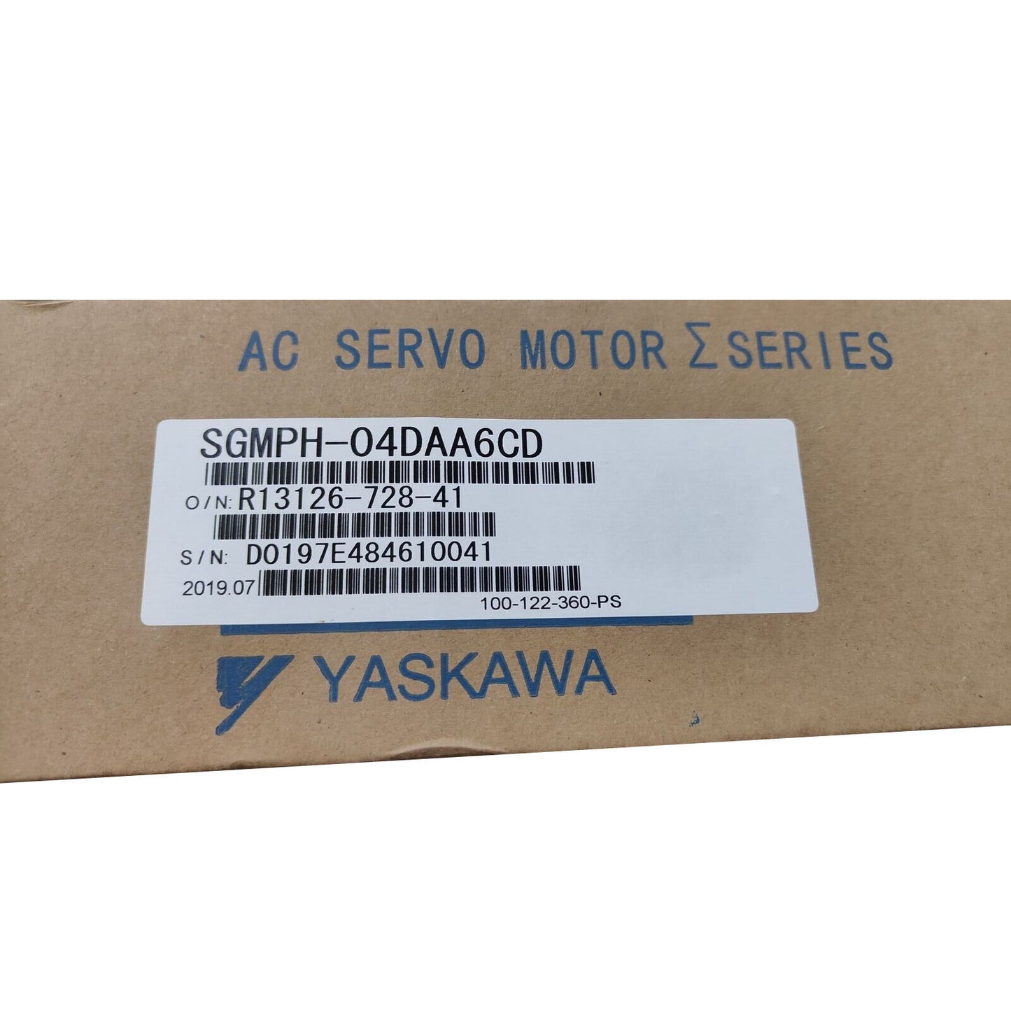 YASKAWA SGMPH-04DAA6CD servo motor product label with model, serial number, and barcode details.