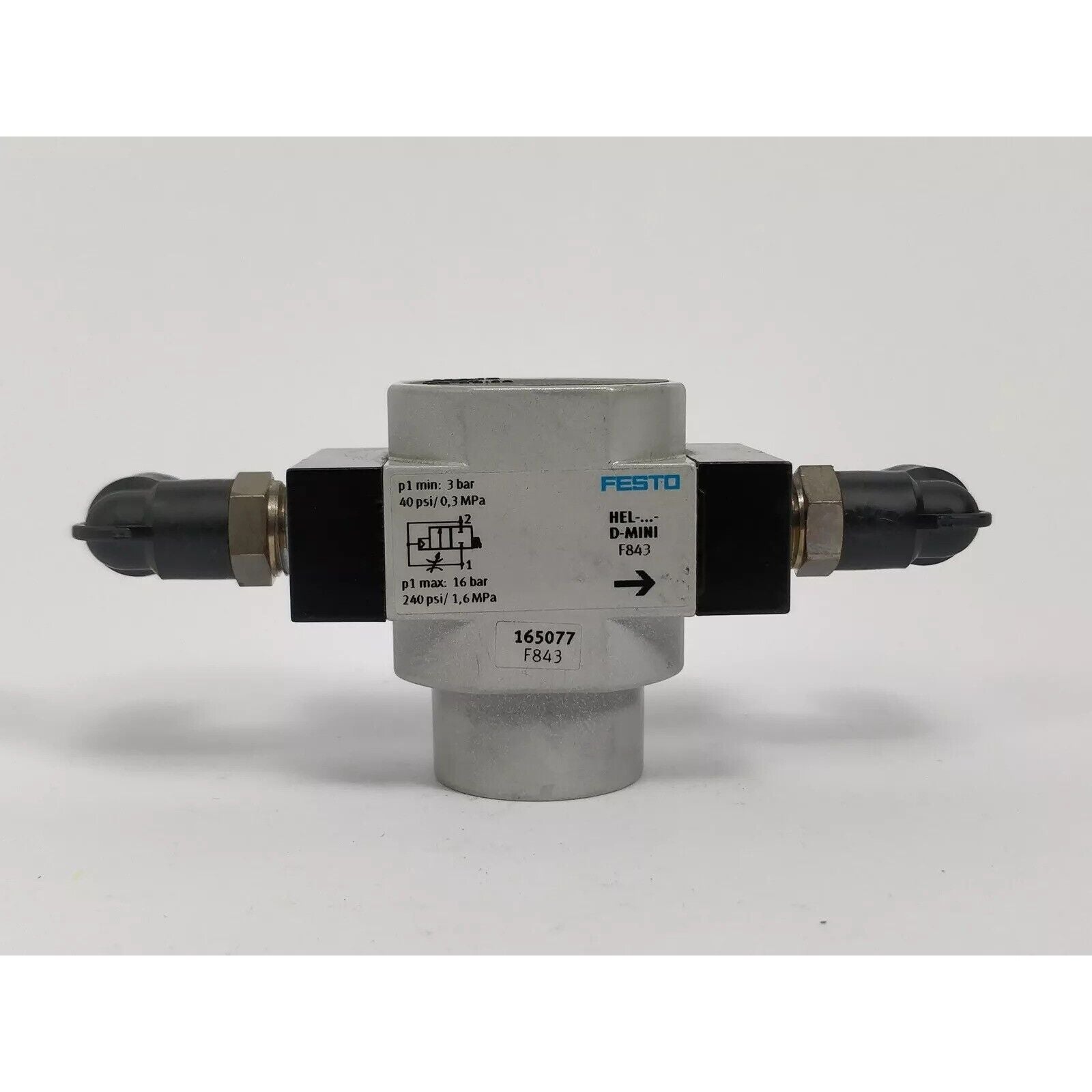 Festo HEL-1/4-D-MINI on/off valve. Industrial automation component with pressure specifications.