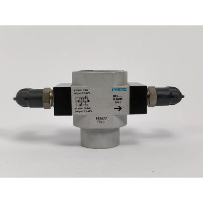 Festo HEL-1/4-D-MINI on/off valve. Industrial automation component with pressure specifications.