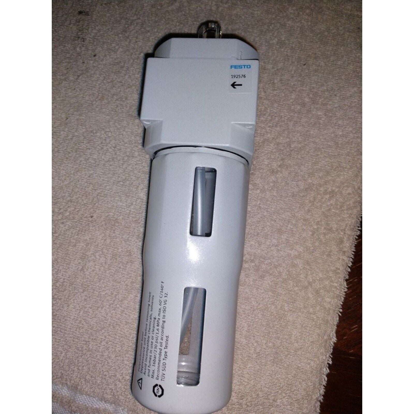 Festo LOE-D-MIDI 192576 lubricator industrial automation part with transparent windows, grey body, blue dial, TUV SUD tested.