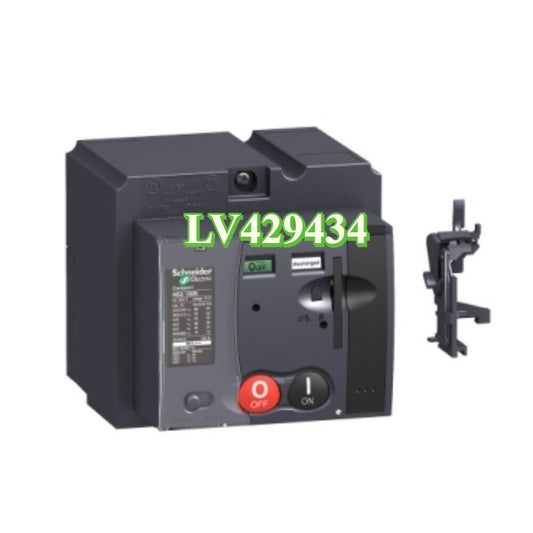 Schneider Electric LV429434 circuit breaker, black and grey, with on/off buttons, for industrial automation.