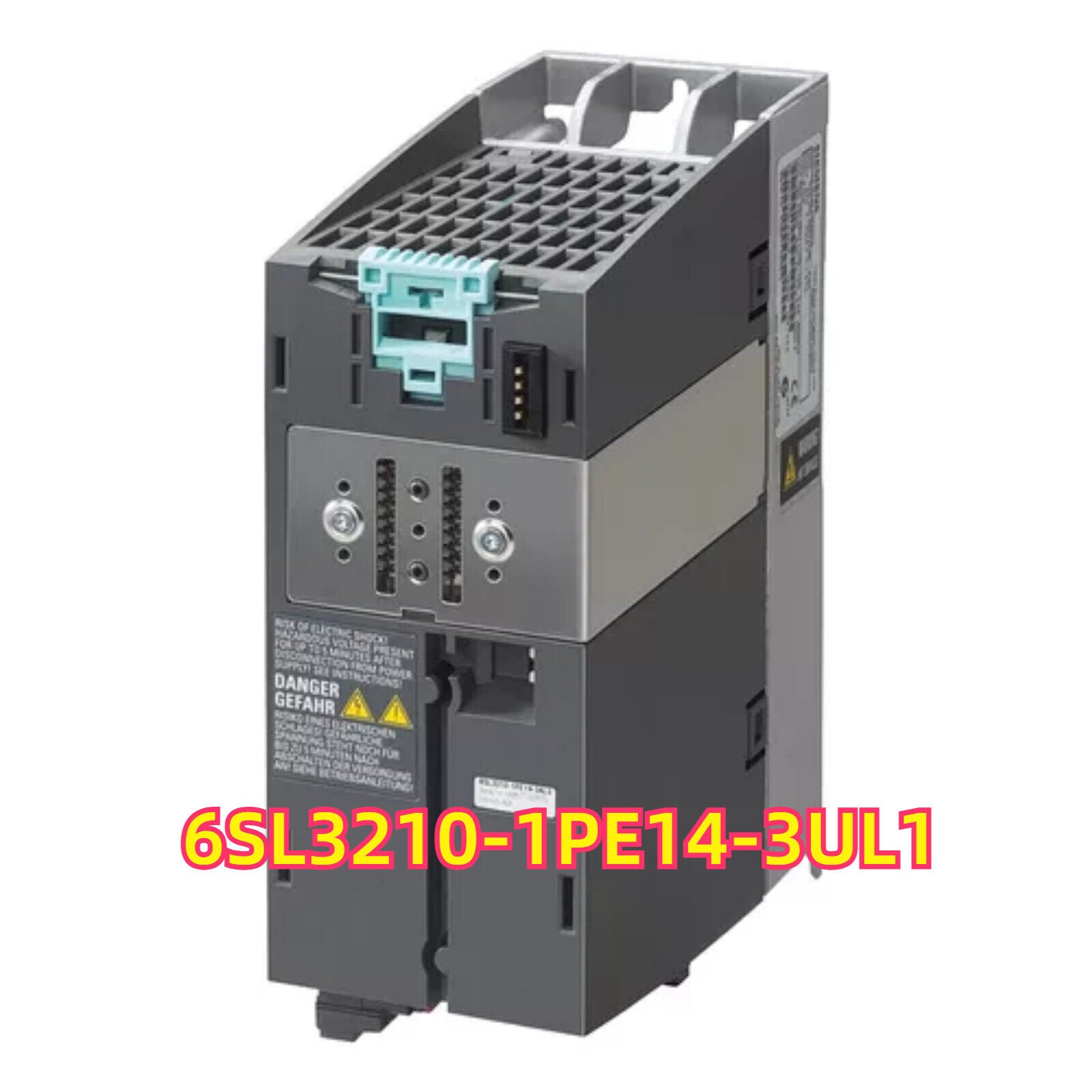 Siemens SINAMICS Power Module PM240-2, model 6SL3210-1PE14-3UL1, industrial automation part with warning labels.