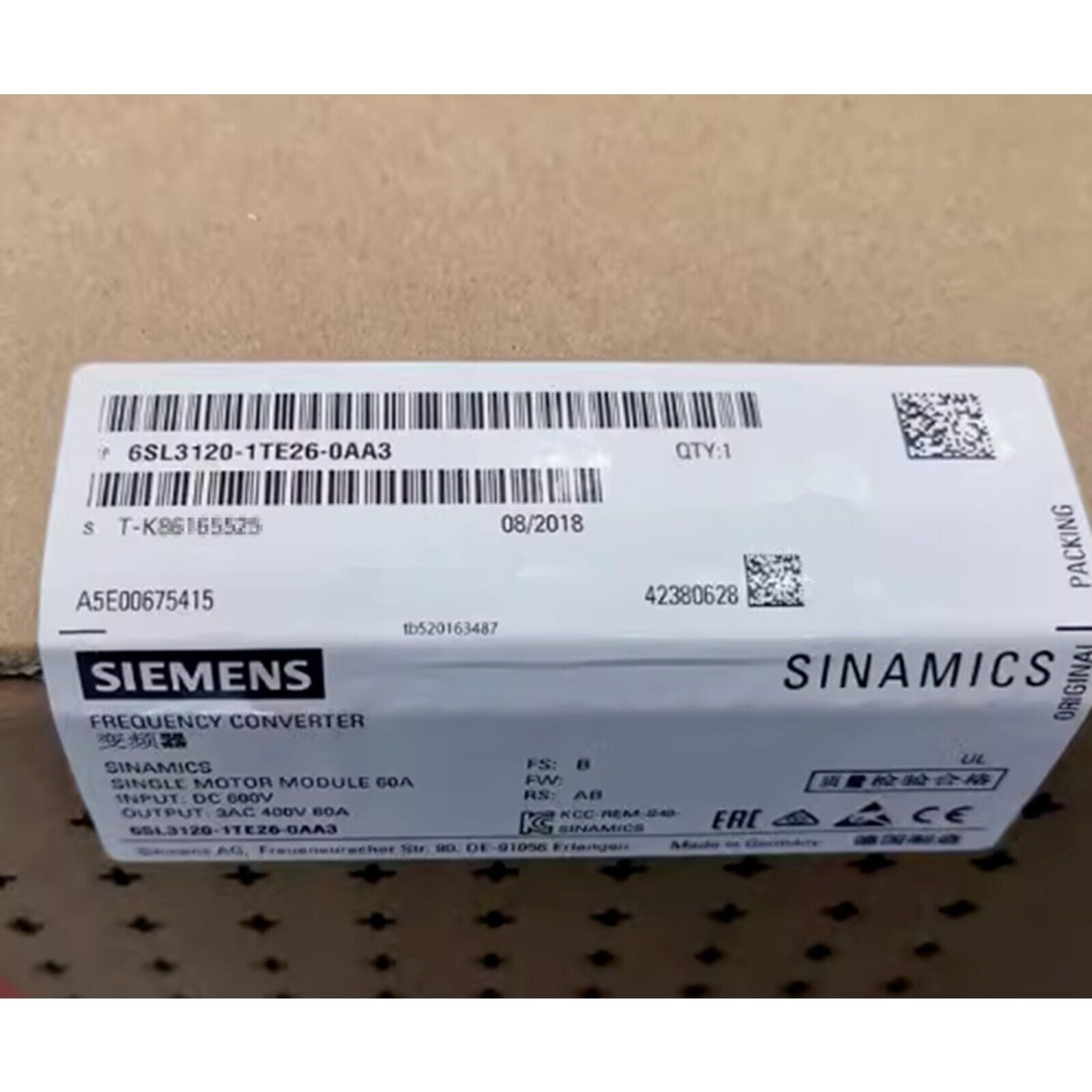 Siemens SINAMICS Single Motor Module 6SL3120-1TE26-0AA3, industrial automation component.