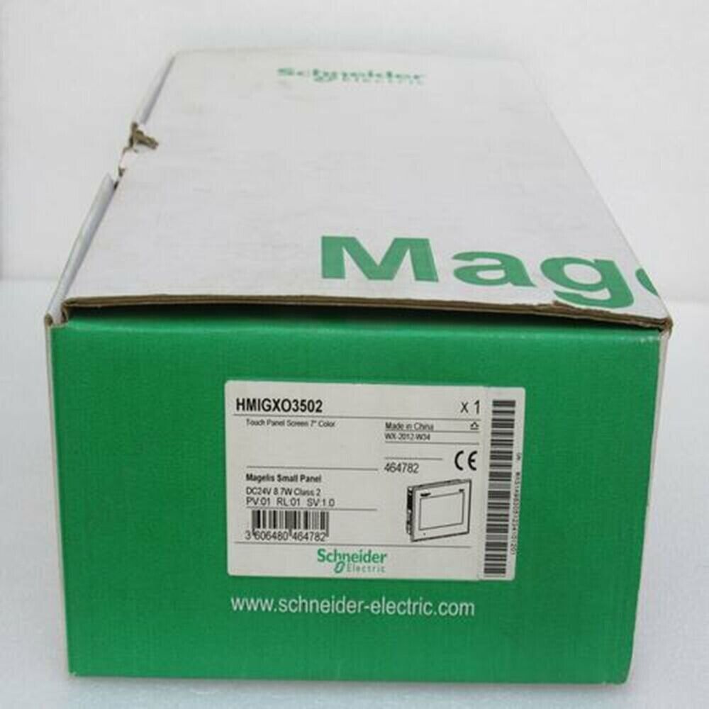 Schneider Electric HMIGXO3502 HMI Panel box, green and white packaging.