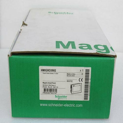Schneider Electric HMIGXO3502 HMI Panel box, green and white packaging.