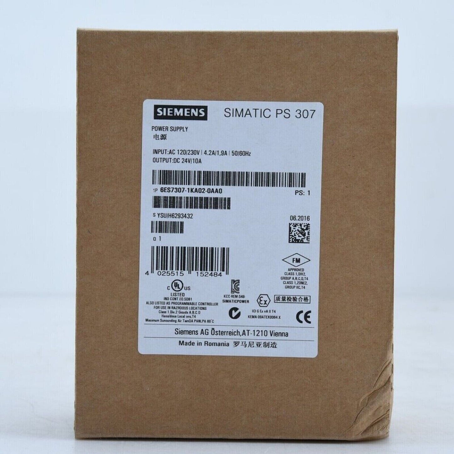 Siemens SIMATIC PS 307 power supply module with specifications label, 24V DC output for automation systems.