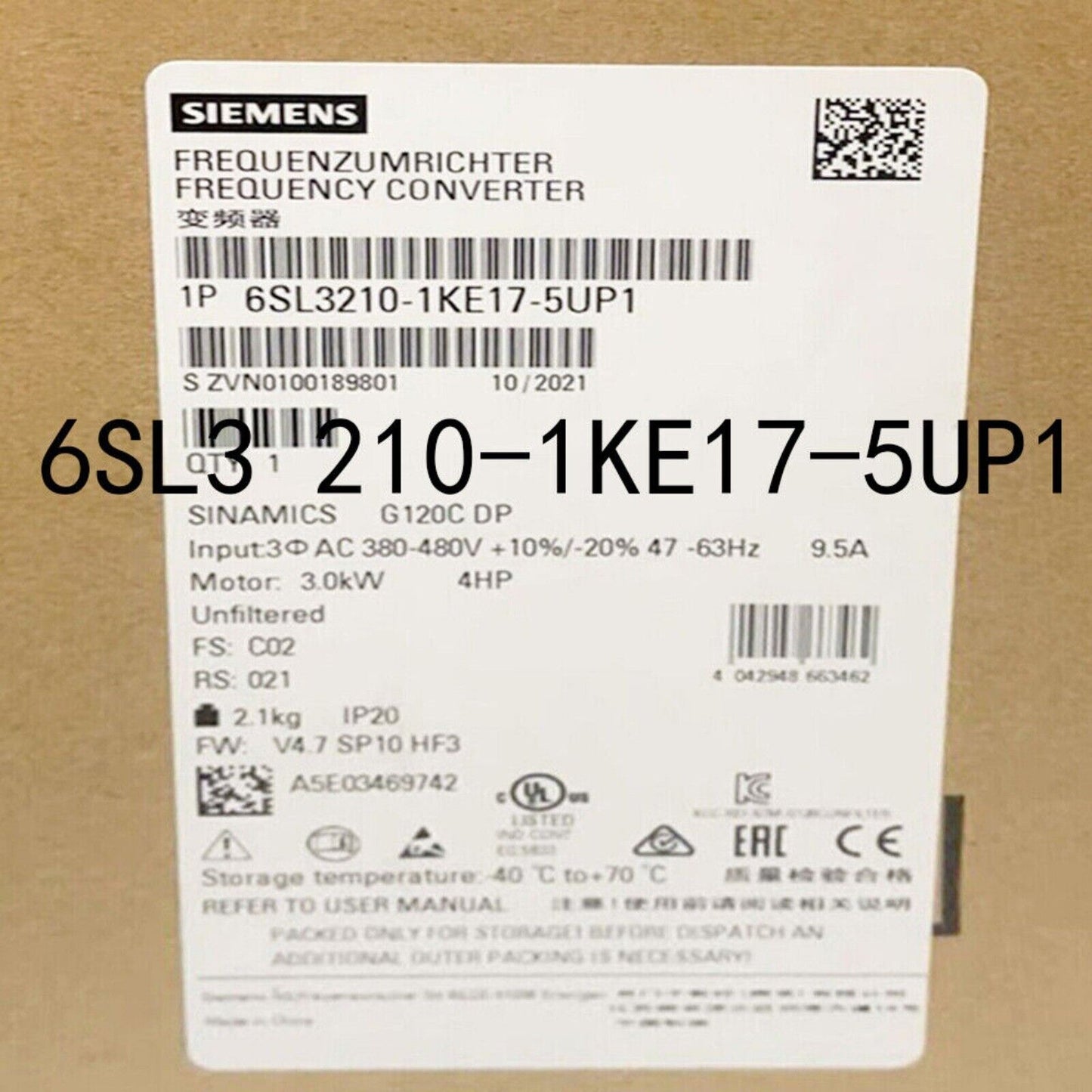 Siemens SINAMICS G120C Frequency Converter 6SL3210-1KE17-5UP1, industrial automation part, IP20 rated, 4HP, 3.0kW motor