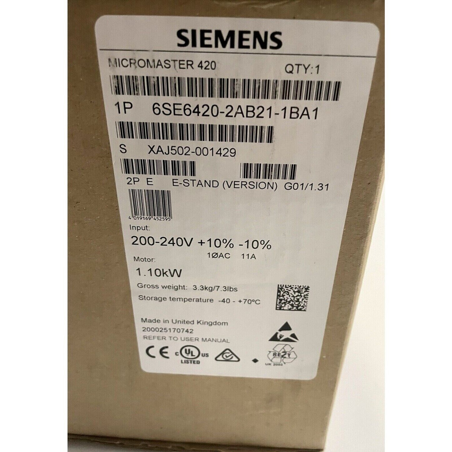 Siemens MICROMASTER 420 industrial automation part 6SE6420-2AB21-1BA1, built-in filter, 200-240V input, 1.10kW motor.