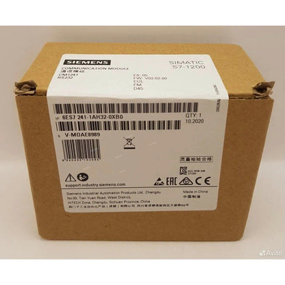 SIMATIC S7-1200 CM 1241 communication module packaging. Model 6ES7 241-1AH32-0XB0. Siemens industrial automation part.