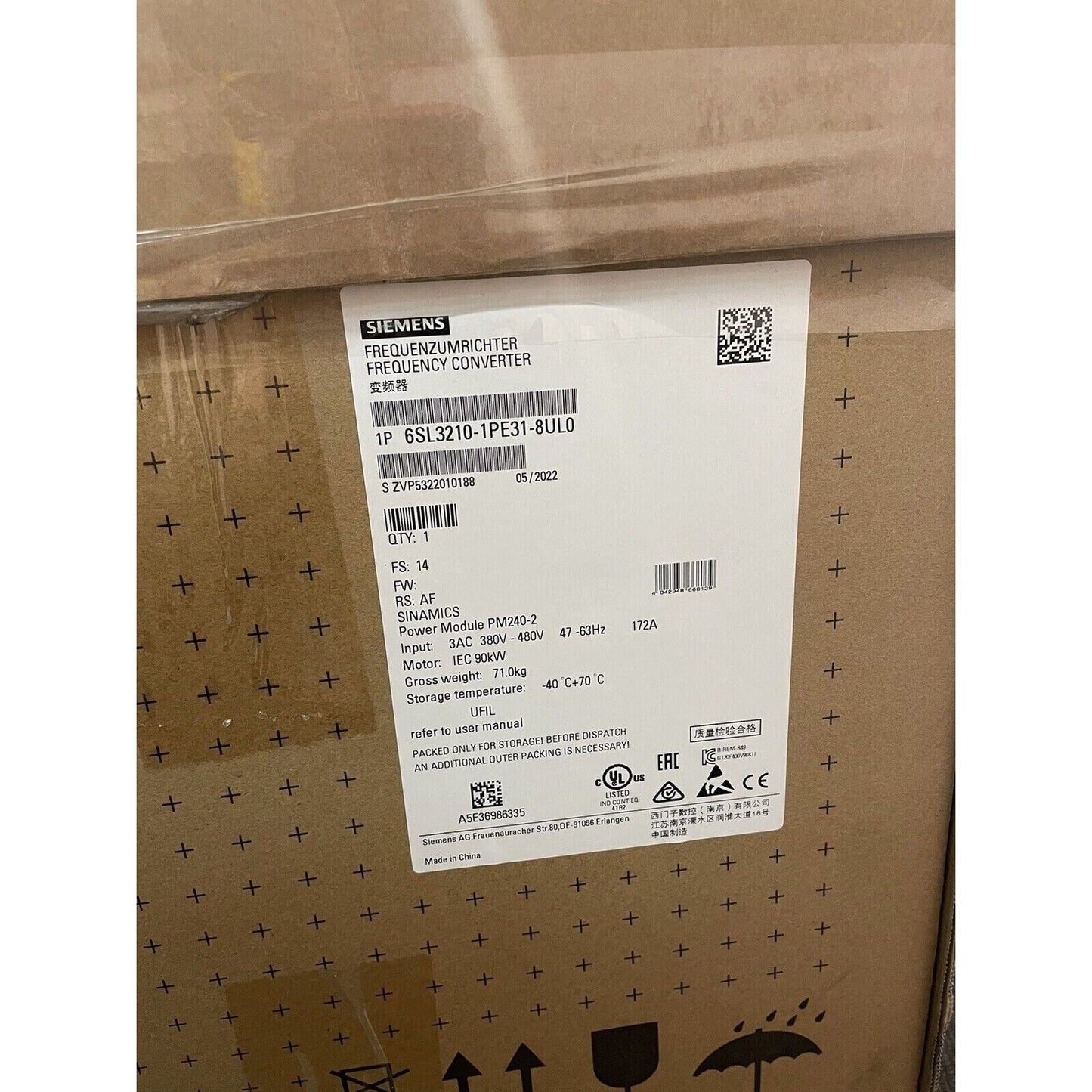 Siemens SINAMICS G120 frequency converter box, model 6SL3210-1PE31-8UL0, with product details and certifications