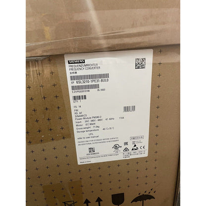 Siemens SINAMICS G120 frequency converter box, model 6SL3210-1PE31-8UL0, with product details and certifications