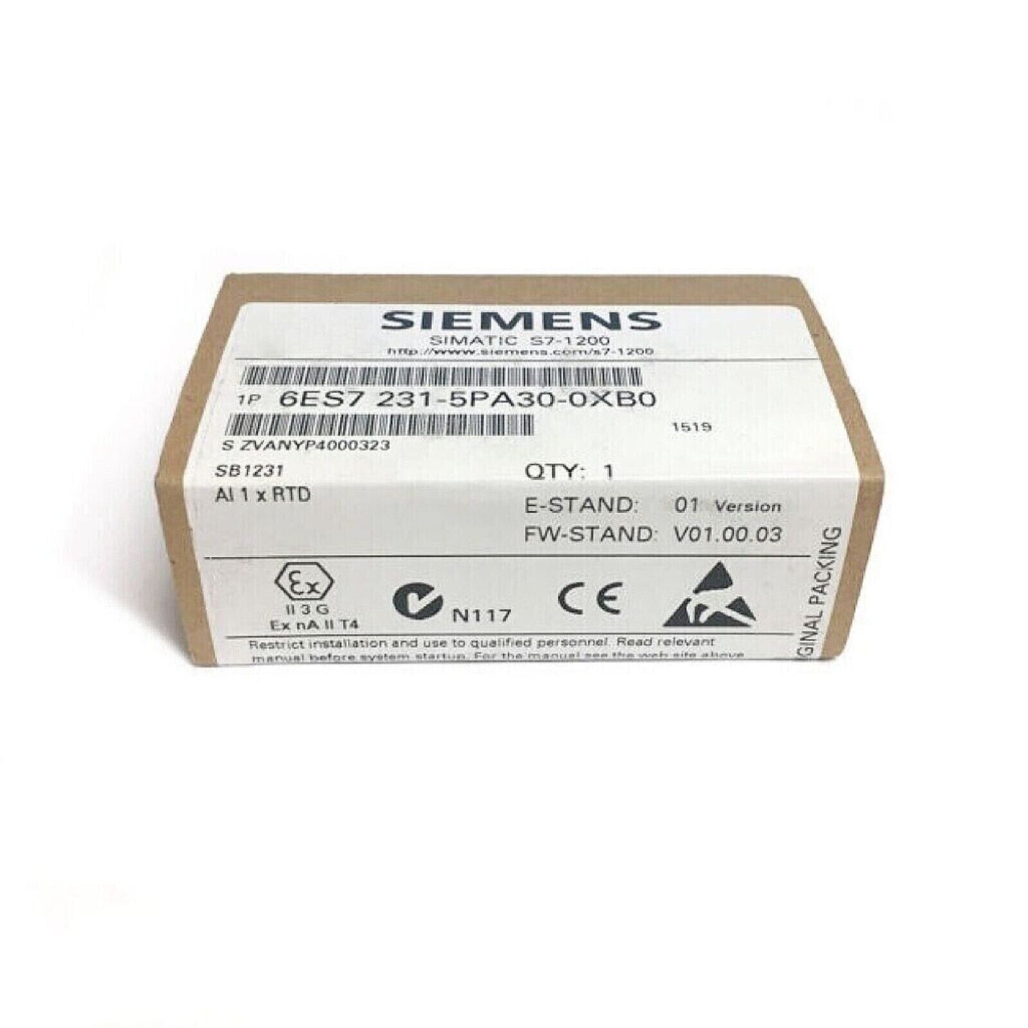 Siemens SIMATIC S7-1200 6ES7231-5PA30-0XB0 Analog Input Module box. Contains 16 digital inputs and 24V DC.
