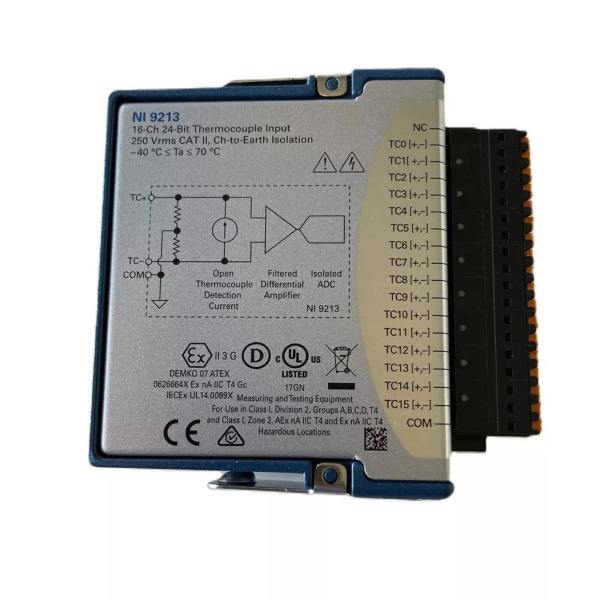 NI 9213 16-Ch Thermocouple Input Module, side view showing connectors and labels, temperature measurement equipment