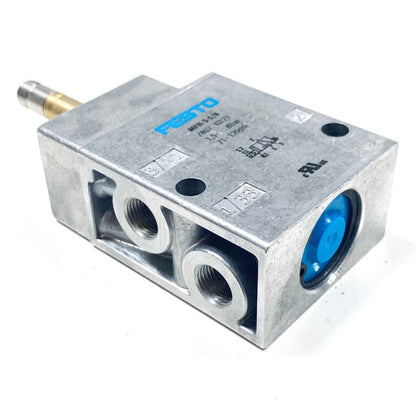 Festo MFH-3-1/8 air solenoid valve. Industrial automation component, 1.5-8 bar, 21-120 psi. Silver body with blue details.