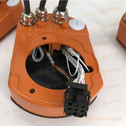 ABB IRB2400 robot body cable component. Orange housing with multiple cables and connectors, industrial automation part.