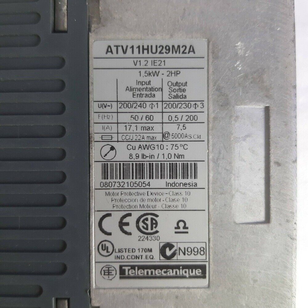 Telemecanique ATV11HU29M2A variable speed drive product label with specifications.