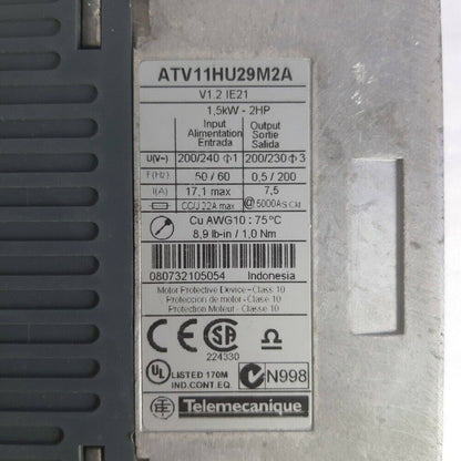 Telemecanique ATV11HU29M2A variable speed drive product label with specifications.