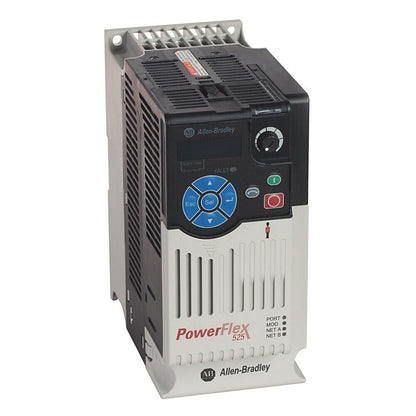 Allen-Bradley PowerFlex 525 AC drive. Features EtherNet/IP, DSI ports, V/Hz control for industrial automation.