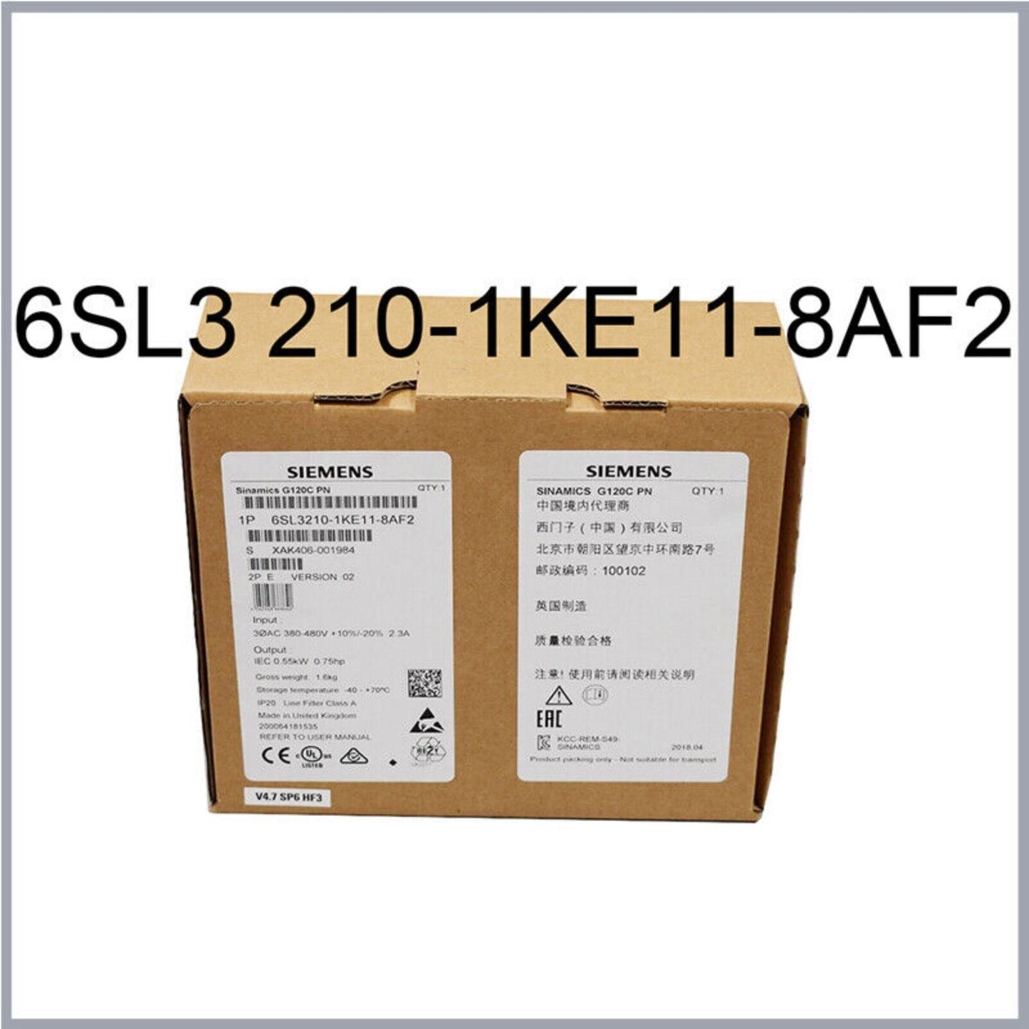 Siemens SINAMICS G120C 6SL3210-1KE11-8AF2 drive in cardboard box, industrial motor control unit